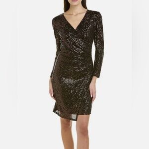 NWT Nanette Lepore Sequin Faux Wrap Long Sleeve Sz 14 Dress 
Copper (Choc Brown)